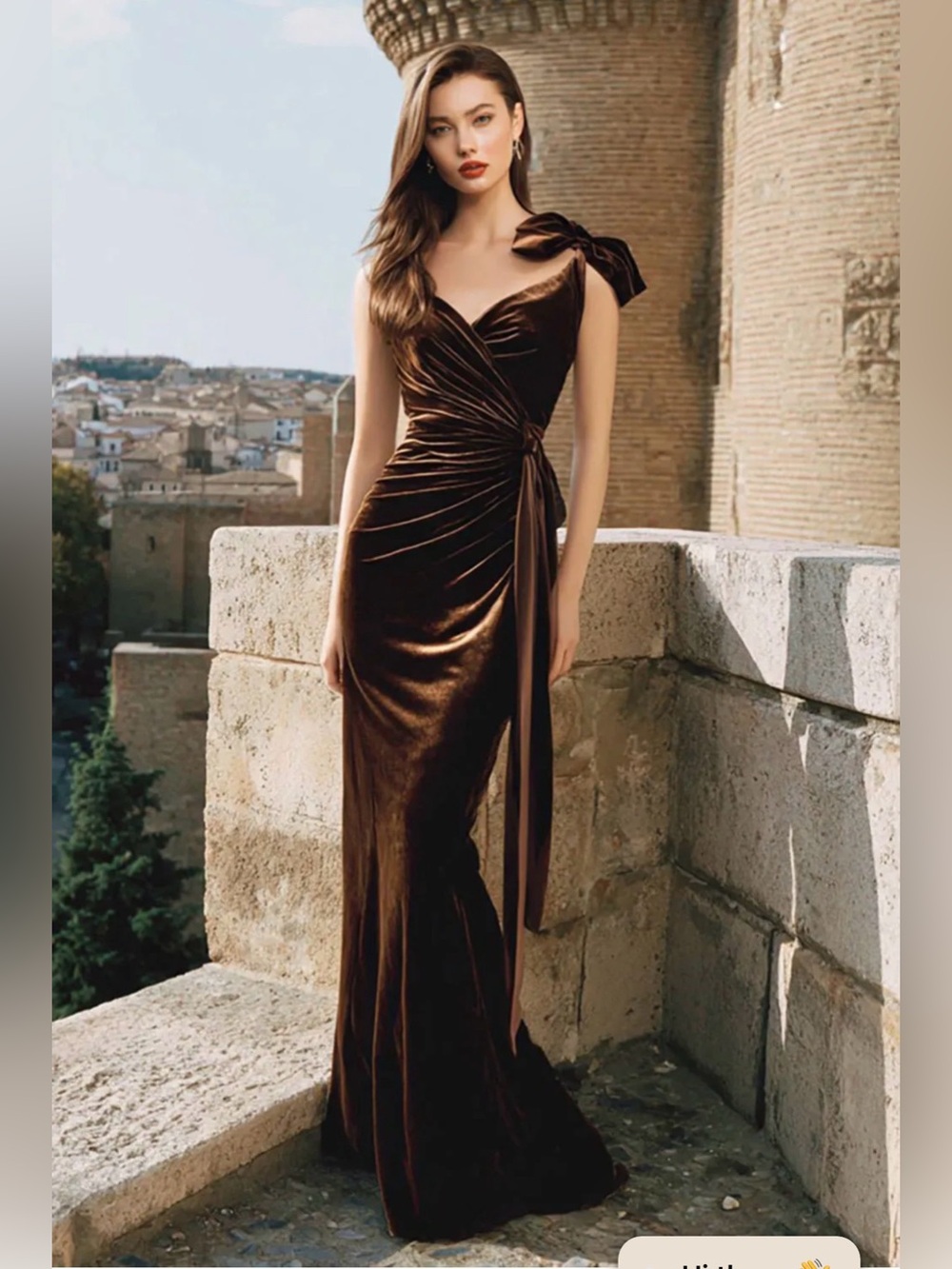 Brown Velvet Mermaid Evening Gown with Statement Bow Shoulders Size 16W
